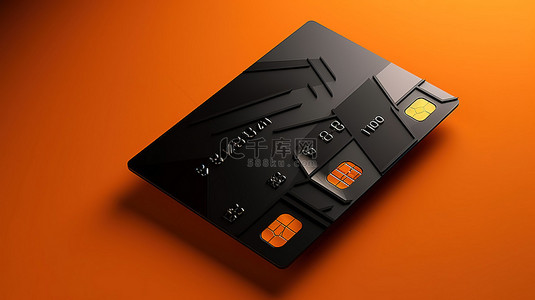 橙色背景与黑色信用卡设计的 3D 插图