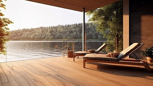 当代木制户外露台的 3D 渲染插图，配有日光躺椅和风景如画的湖景