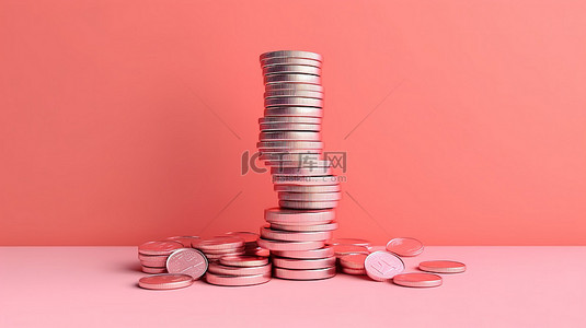 粉色柔和的背景，上面有成捆的现金和成堆的硬币，通过 3D 渲染说明无现金社会的省钱好处