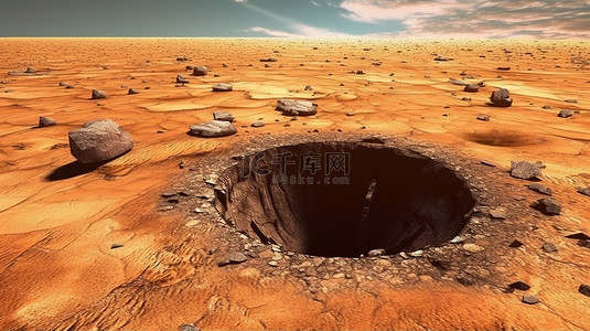 沙漠背景背景图片_干燥宇宙地形中化石地洞的 3d 插图