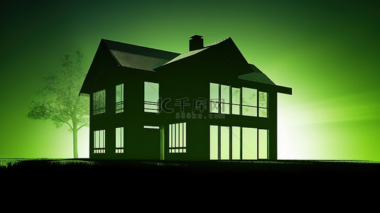 出租房屋背景图片_3D 渲染中的房屋轮廓与郁郁葱葱的绿草和窗玻璃相映衬
