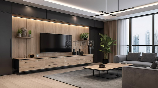 3d 渲染的现代客厅配有时尚的沙发和木制控制台上的电视显示屏