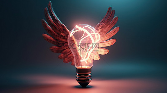 创意概念图背景图片_飞行中的创新思维 带翼灯泡的 3D 概念图