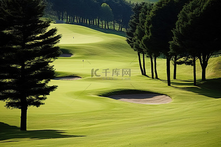 高尔夫球网背景图片_绿色山坡上公园高尔夫俱乐部的高尔夫球场