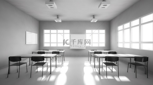 黑板学生背景图片_空荡荡的教室 3D 渲染场景，没有学生