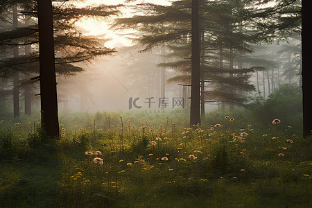 松树林背景图片_松树林和野花附近的日出