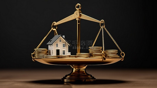 平衡财富和住房所有权硬币的概念 3D 渲染房屋和抵押贷款的规模