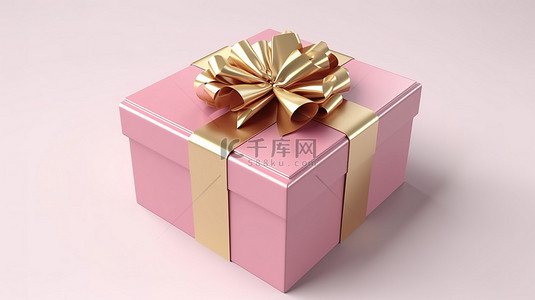 白色背景 3D 渲染中带金色丝带蝴蝶结的逼真粉色礼盒