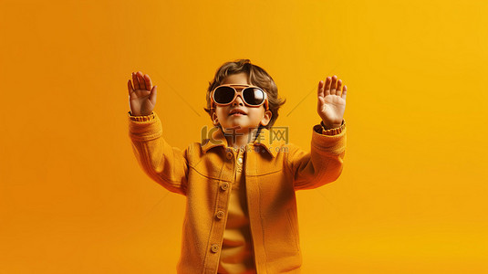 戴着儿童 3D 眼镜的时尚孩子用手指向充满活力的黄色背景的侧面