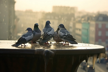 一群鸽子背景图片_金属罐顶上的一群鸽子