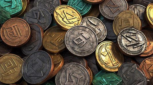 带有多元文化货币符号的复古金属硬币的 3D 插图，非常适合金融或加密主题设计