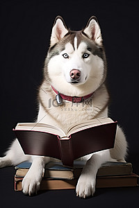 可爱卡通看书小孩背景图片_戴眼镜看书的哈士奇狗