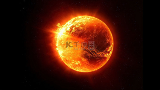 全球变暖概念辐射太阳和行星地球在黑暗背景下的 3D 渲染