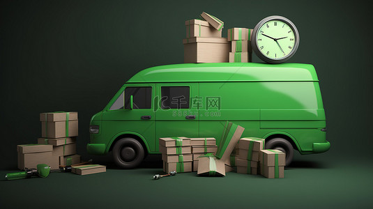 一辆绿色货车一堆盒子和一个 3d 秒表