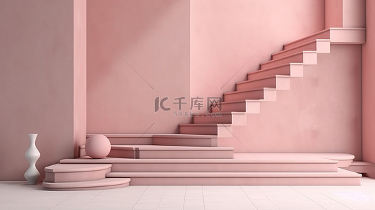几何楼梯背景图片_奶油墙上 3D 呈现的微妙柔和的粉红色角落楼梯讲台