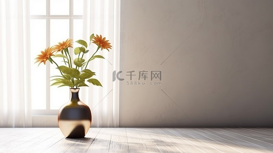 花房背景图片_坐在简约客厅桌子上的花朵 3D 可视化
