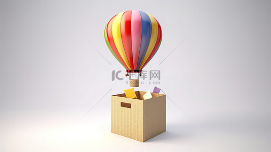 白色背景下 3D 渲染的热气球装饰飞行礼品盒