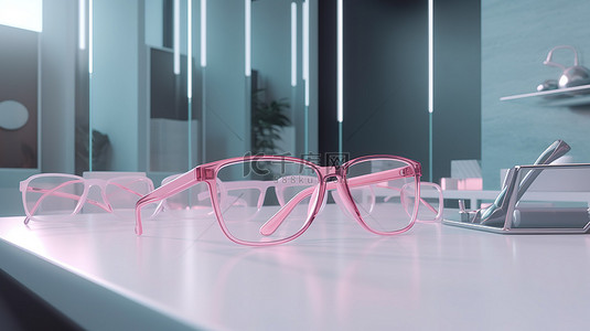柔和色彩的 3D 渲染商务中心，有一个戴着粉红色眼镜的男性形象