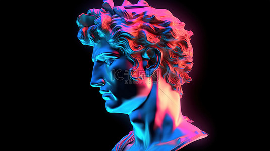 卫背景图片_米开朗基罗的大卫头在霓虹灯照明下迷人的 3D 渲染