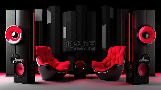 时尚的现代设计红色和黑色扬声器系统，采用时尚的黑色内饰 3D 插图
