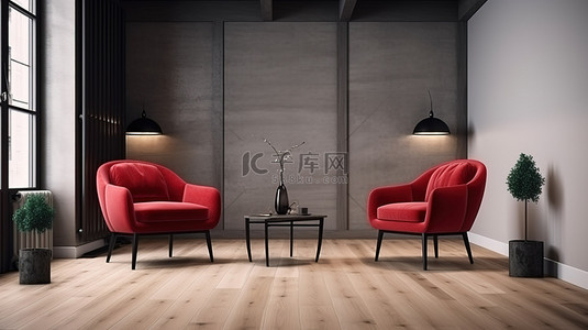 阁楼风格客厅的 3D 可视化，配有两把时尚的红色扶手椅
