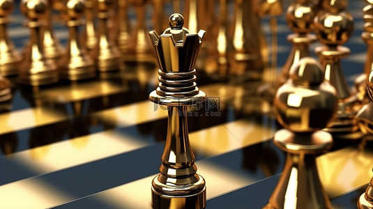 雄伟的金色国王高耸于多个黑色棋子之上的 3D 插图