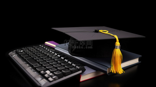 在线课程背景图片_数字毕业 3d 黑板帽和搁在键盘上的书