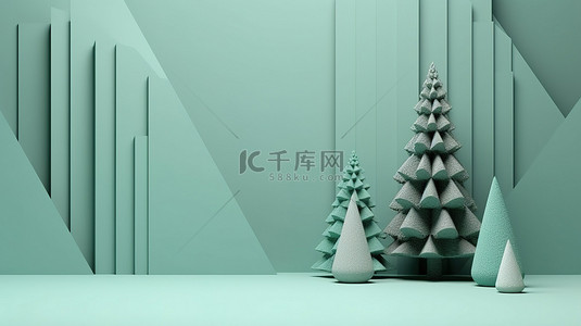 圣诞树场景的 3D 渲染，具有自定义文本装饰概念的空间