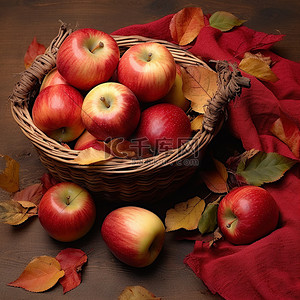 红苹果放在篮子里，篮子里有秋叶