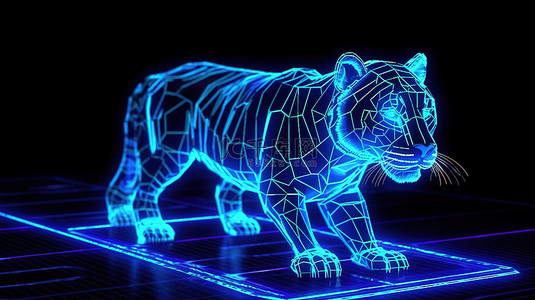 一只 3D 渲染的老虎，在蓝色霓虹灯下从网格中出现