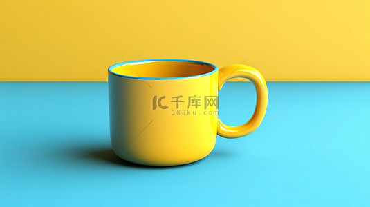 黄色背景上蓝色杯子的 3D 逼真渲染插图