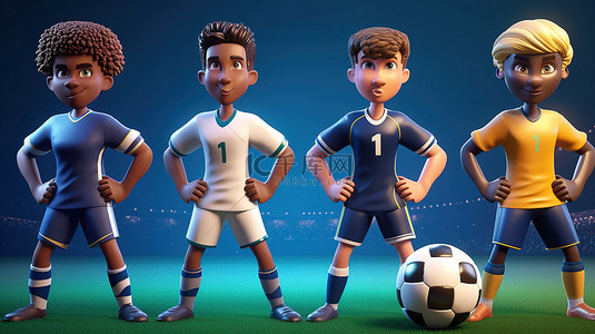 3D 渲染中的多民族足球运动员以不同肤色和发型进球