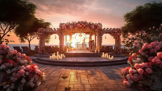 婚礼鲜花背景图片_3D 渲染一个美丽的夜晚户外婚礼