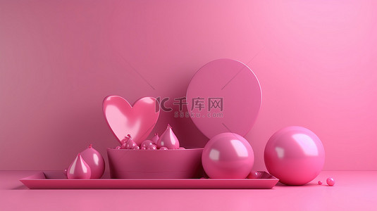 情人主题背景图片_情人节主题讲台展示，心形和粉红色球在 3D 渲染中