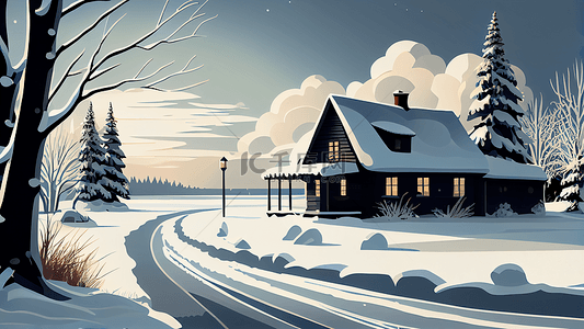 白色的房屋建筑背景图片_冬季房屋积雪插画背景