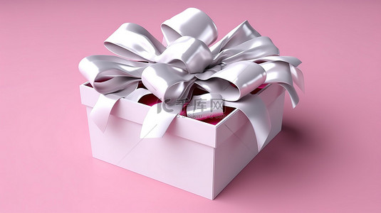 令人惊叹的白色礼品盒，上面有 3D 插图，上面用缎带蝴蝶结包裹着礼物，粉红色的背景非常适合节日