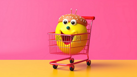 黄色的蛋糕背景图片_粉红色釉面甜甜圈吉祥物在充满活力的黄色背景上推着购物车的 3D 渲染