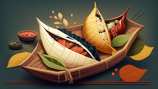 包粽子的卡通背景图片_端午节美食船粽子背景