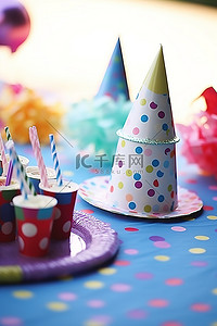 生日蛋糕帽子背景图片_生日聚会，有蛋糕餐巾和帽子等物品