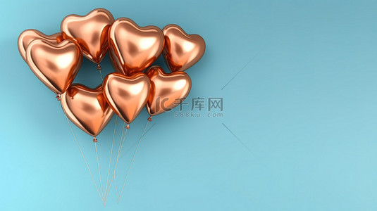 蓝墙背景上的心形铜气球集合 3D 渲染插图