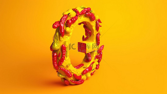 辣背景图片_在充满活力的黄色背景上以 3D 渲染的三号形状排列的辣椒