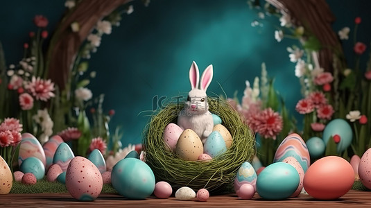 宠物可卡背景图片_3d 渲染复活节庆祝活动，装饰有鸡蛋花和兔耳