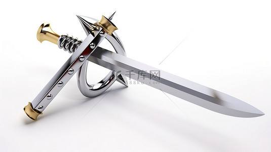 空白背景 3D 图形渲染上的红色禁止符号和剑