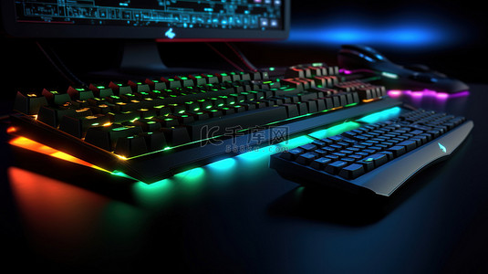 光滑黑桌上游戏设置机械键盘 LED 灯鼠标和显示器的 3D 渲染