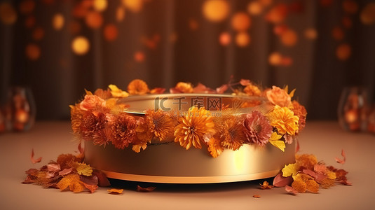 秋季主题 3D 讲台装饰着充满活力的金色和橙色花朵花束，是展示创造力的舞台