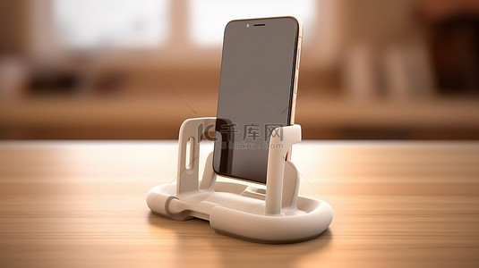 木桌展示塑料手机支架抓握智能手机 3d 渲染