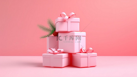3D 渲染中柔和的粉红色背景下礼品盒的简单抽象概念