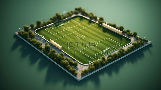 以足球场模型为特色的运动场 3D 渲染