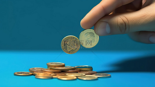 促进经济发展背景图片_3d 渲染蓝色背景，用手收集硬币以促进经济发展
