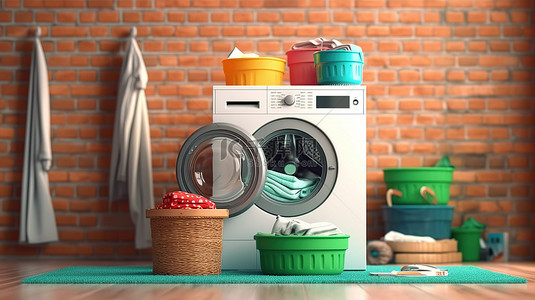 现代银色洗衣机，配有洗涤剂瓶和一堆衣服 3D 渲染砖墙